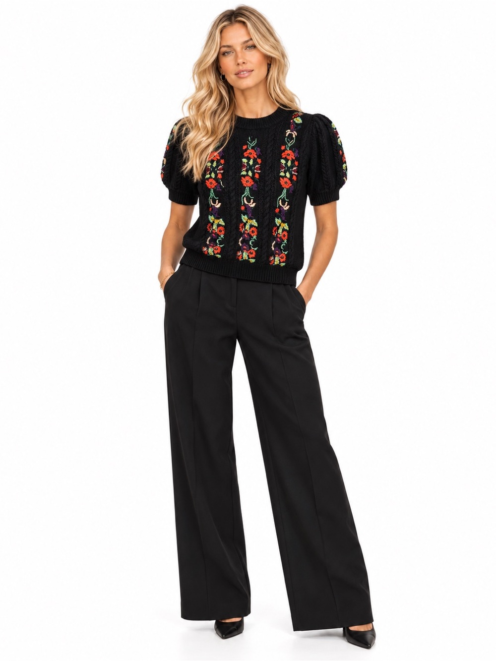 Alice + Olivia Black Short-Sleeve Cable Knit Sweater with Floral Embroidery